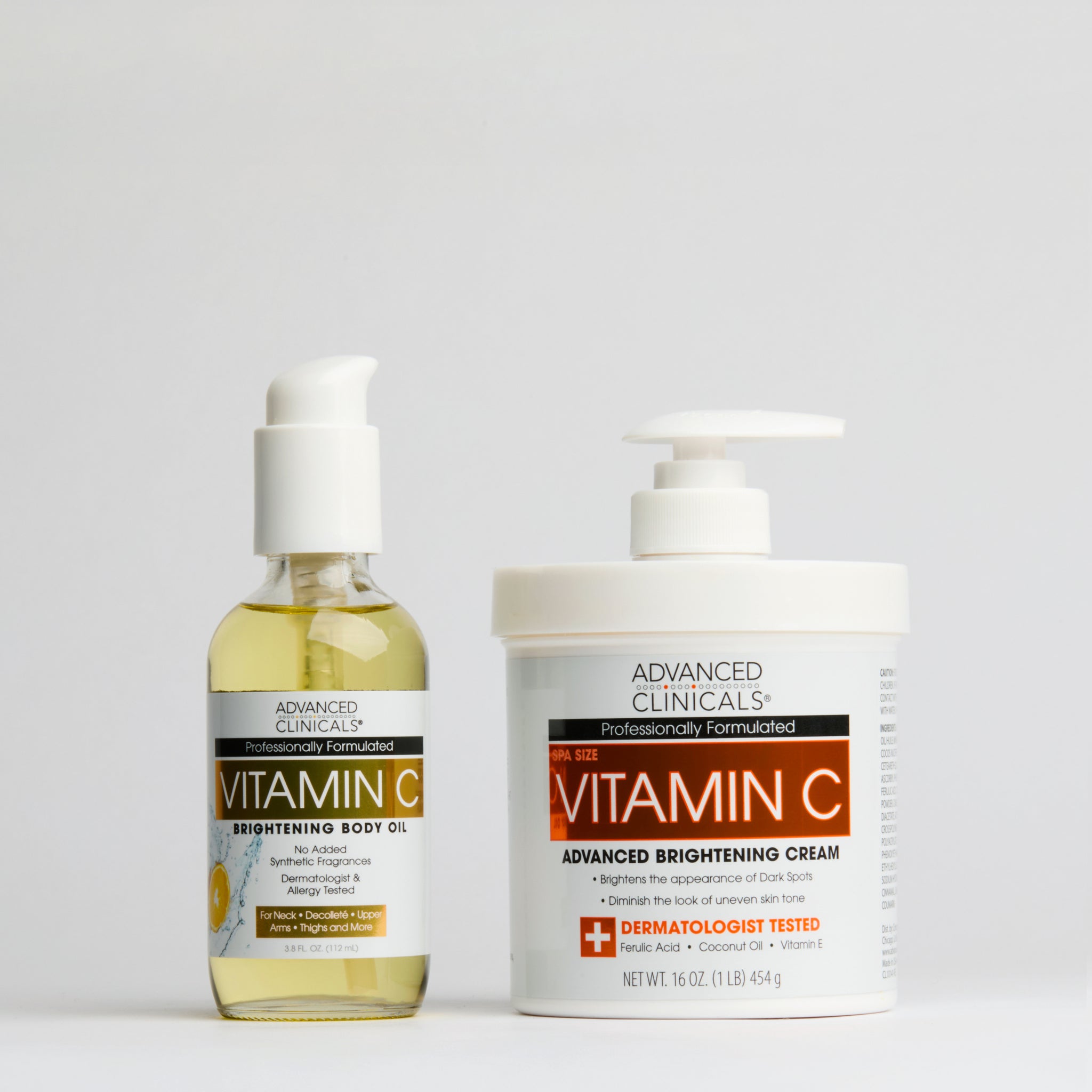 Huile corporelle éclaircissante à la vitamine C + crème pour le corps à la vitamine C, ensemble de 2 pièces