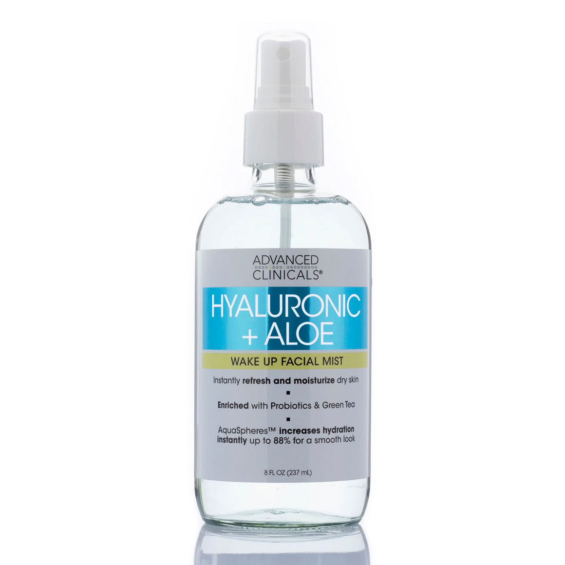 8oz hyaluronic and aloe wake up facial mist, with probiotics and green tea, increases hydration