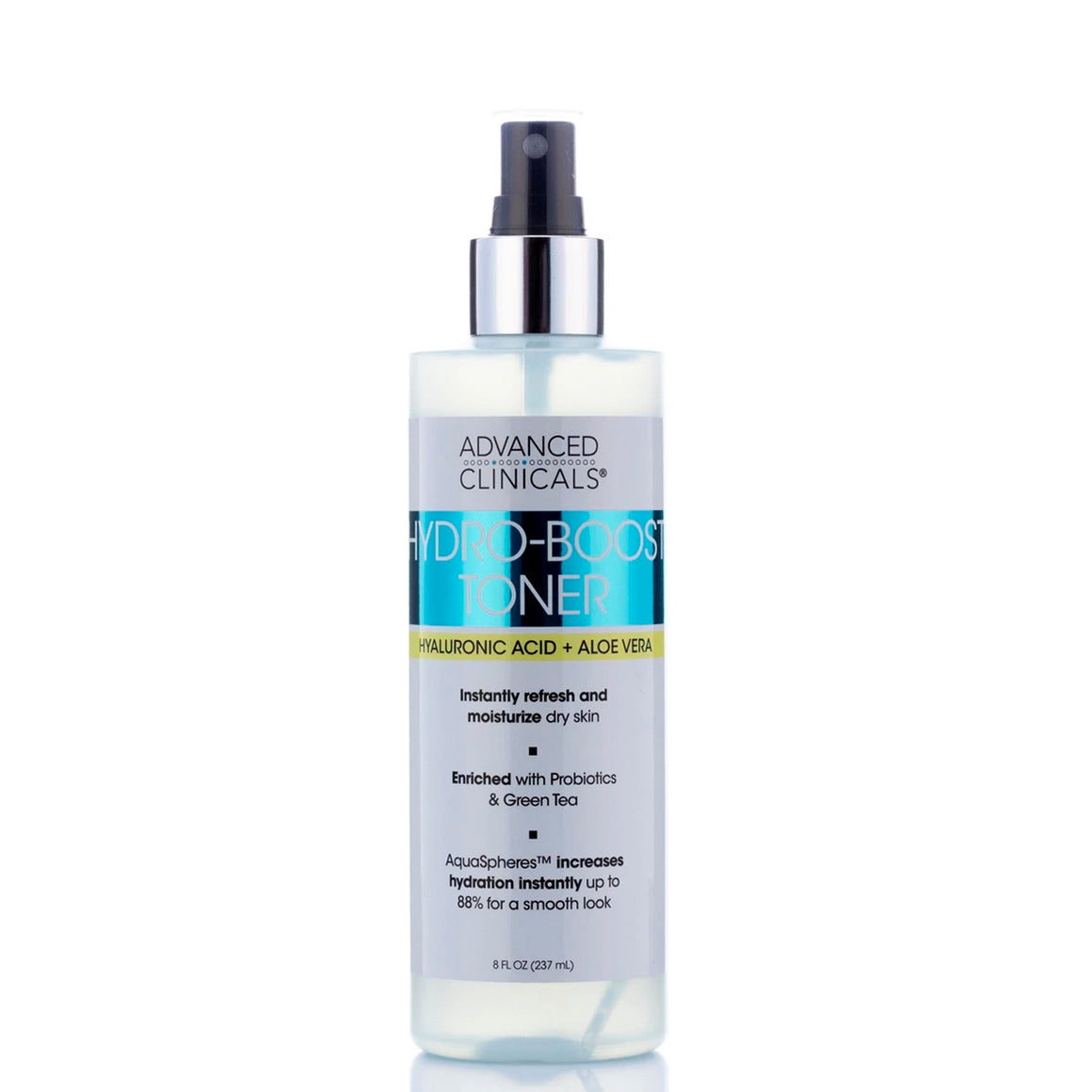 8oz hyaluronic acid and aloe vera hydro boost toner, refreshes and moisturize dry skin, enriched with probiotics and green tea
